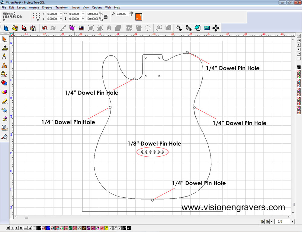 Vision software guitar cutfile showing where dowls will be placed