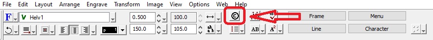 Arrow pointing to the Character Picker Symbol in the tool bar.
