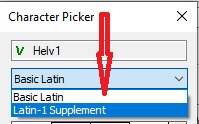 Arrow pointing to Latin-1 Supplement in the drop down.