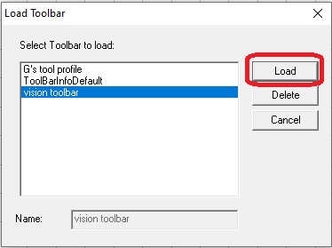 Select which tool bar you want to Restore Software Defaults too then click on load.