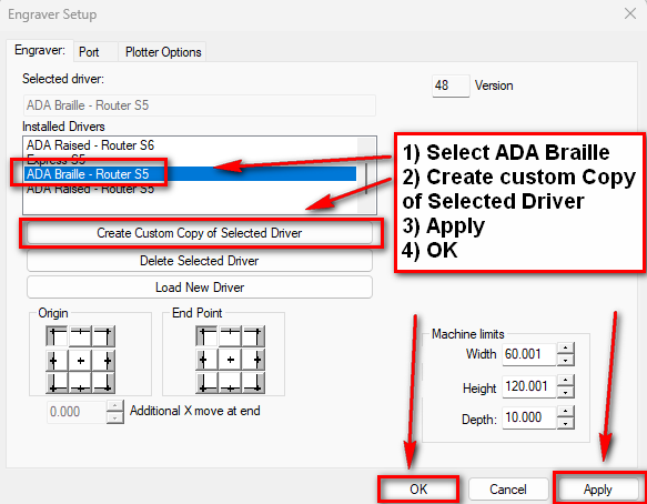Engraver set up pop-up window, to create new driver to Quill Resin Braille Pen.